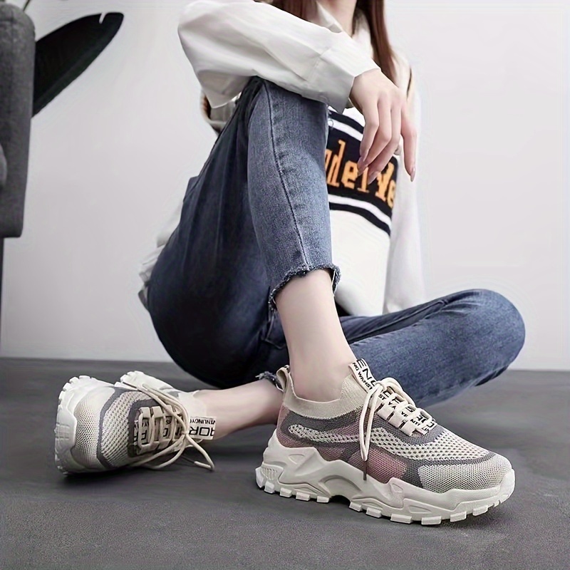 knit chunky sneakers, womens knit chunky sneakers colorblock lace up low top running sports shoes breathable walking trainers details 1